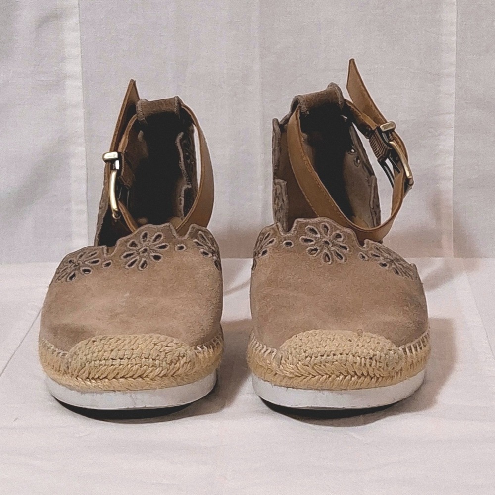 Crown Vintage Brixie Tan Leather Floral Eyelet Espadrille Ankle Strap Flats 8.5M